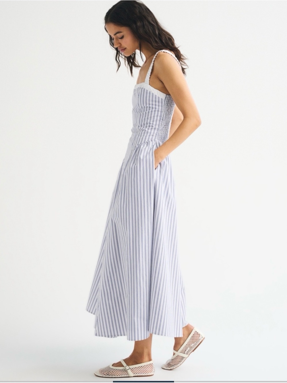 Abercrombie 100% Cotton Ruched Neckline Dipped Waist Midi Dress - Picture 2 of 6